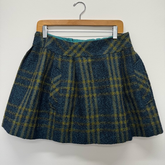 NANETTE LEPORE Women's Plaid Pleated A-Line Skirt Wool Yellow Aqua - Size 6 - Picture 1 of 8